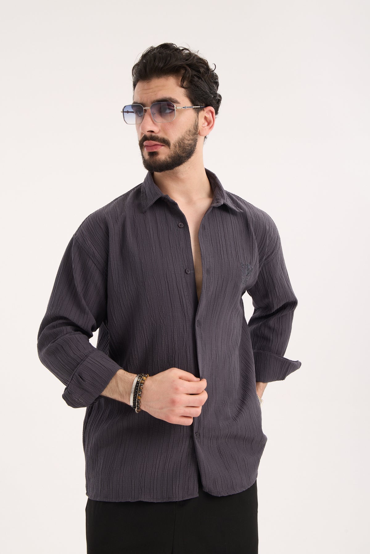Long Sleeve Textured Shirt with Embroidery – X-0015