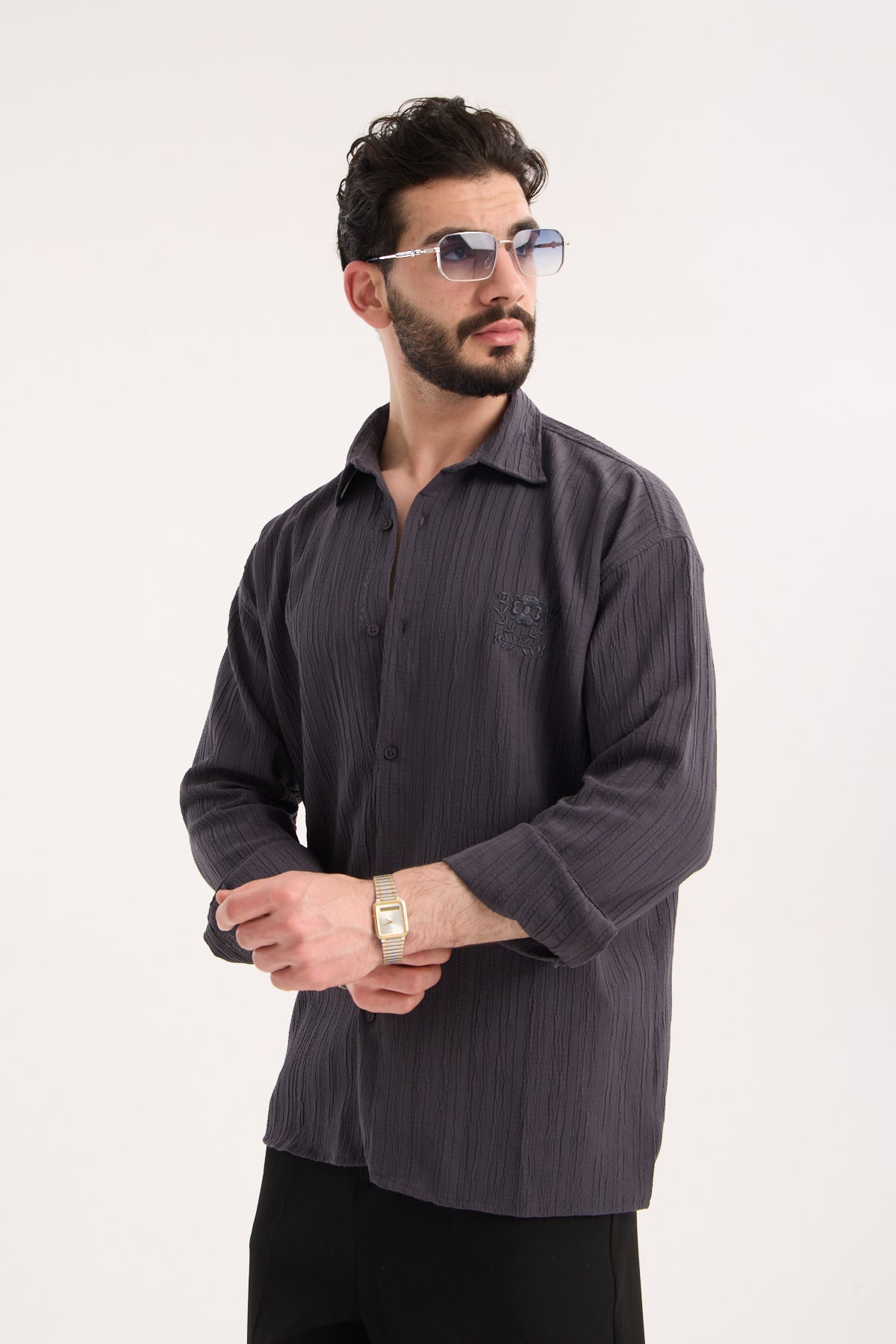 Long Sleeve Textured Shirt with Embroidery – X-0015