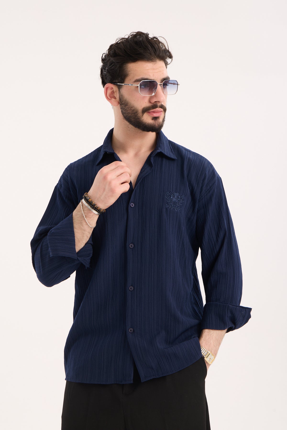 Long Sleeve Textured Shirt with Embroidery – X-0015