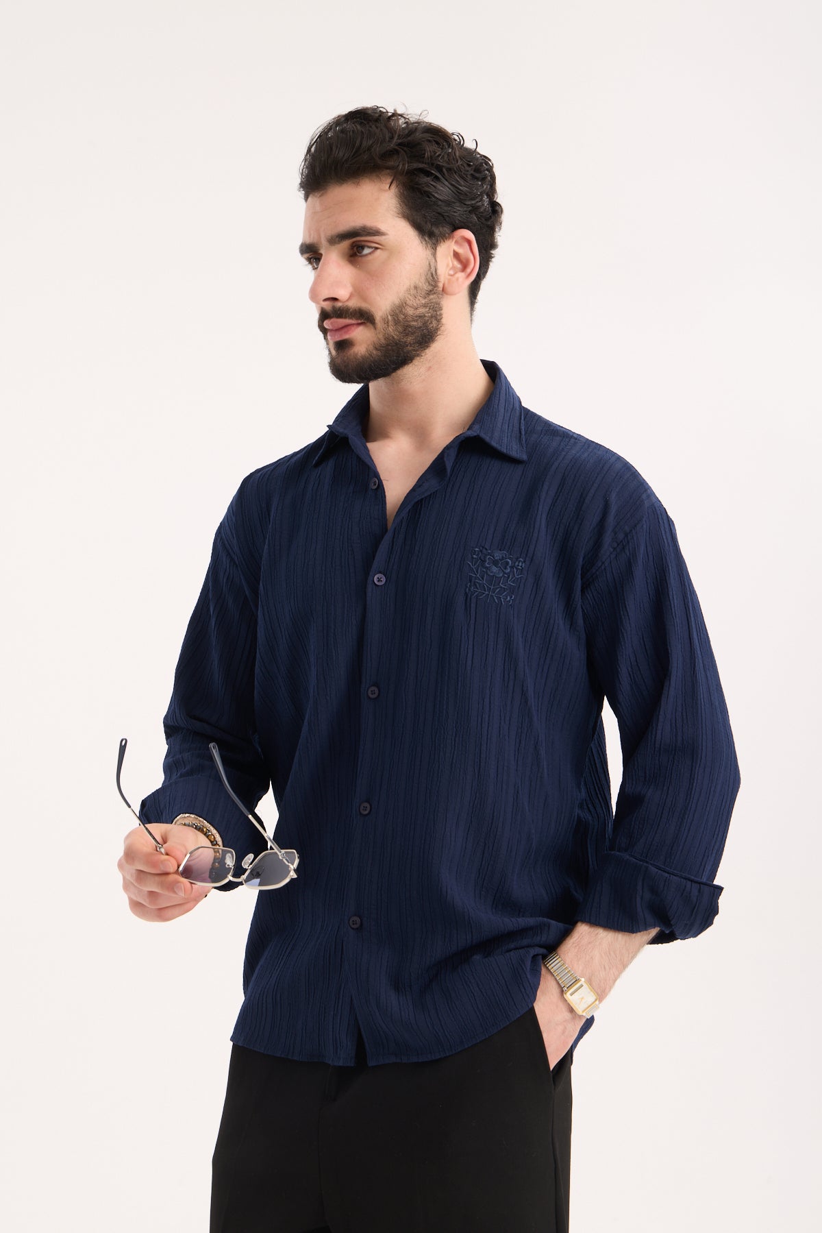 Long Sleeve Textured Shirt with Embroidery – X-0015