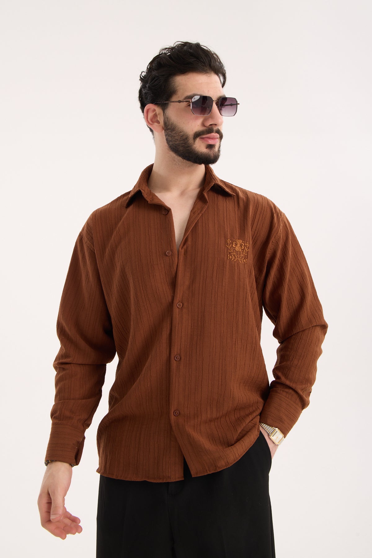 Long Sleeve Textured Shirt with Embroidery – X-0015
