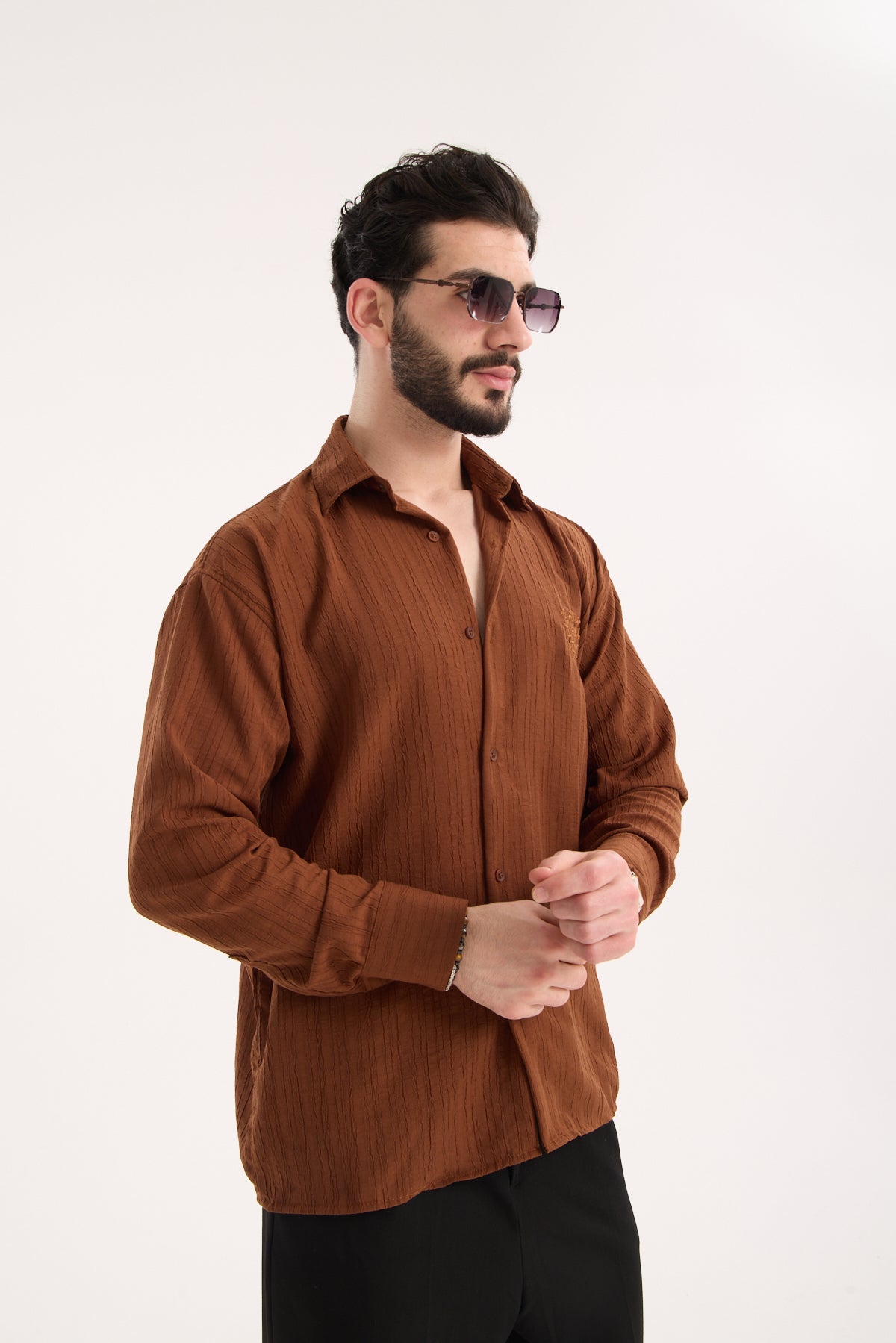 Long Sleeve Textured Shirt with Embroidery – X-0015