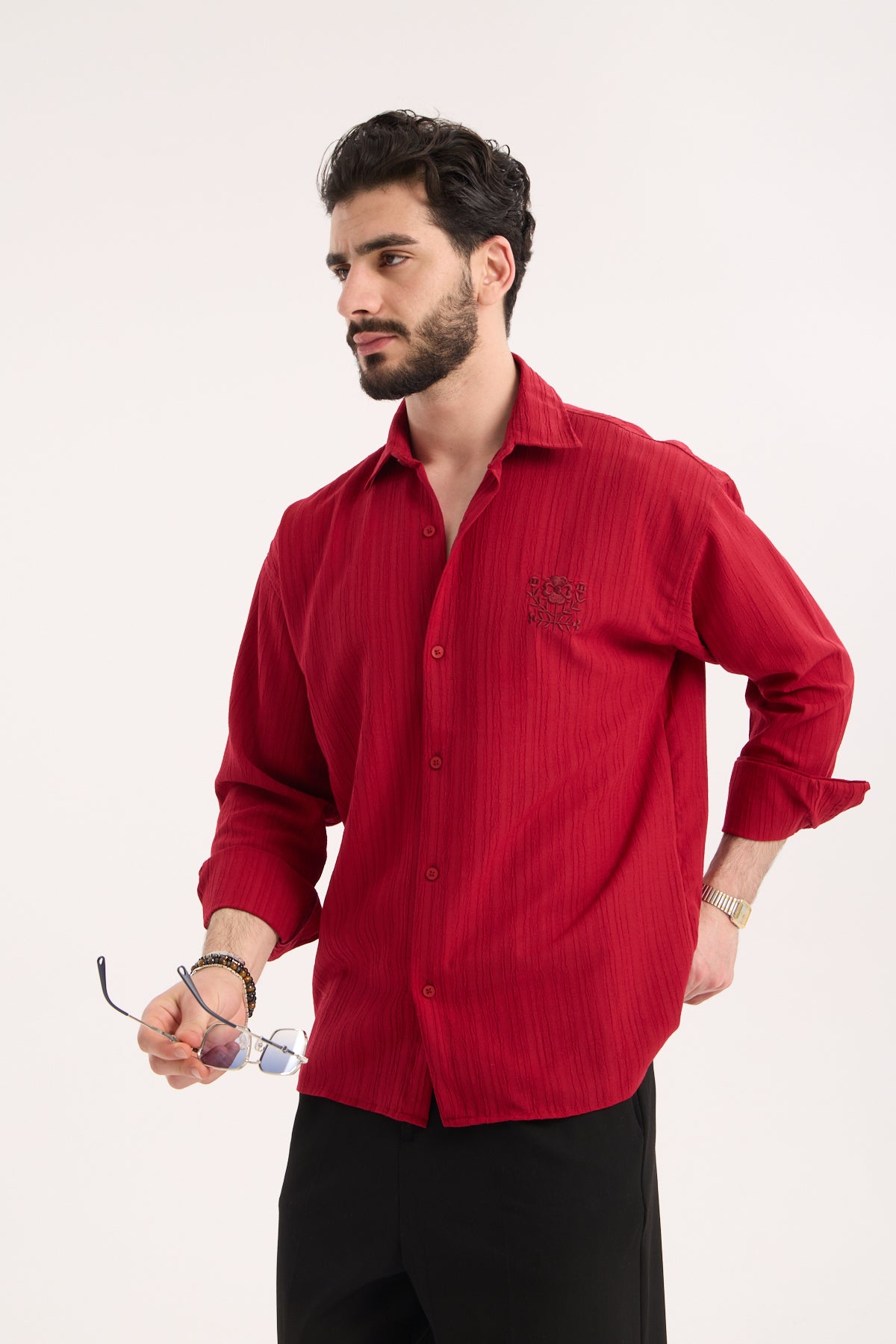 Long Sleeve Textured Shirt with Embroidery – X-0015