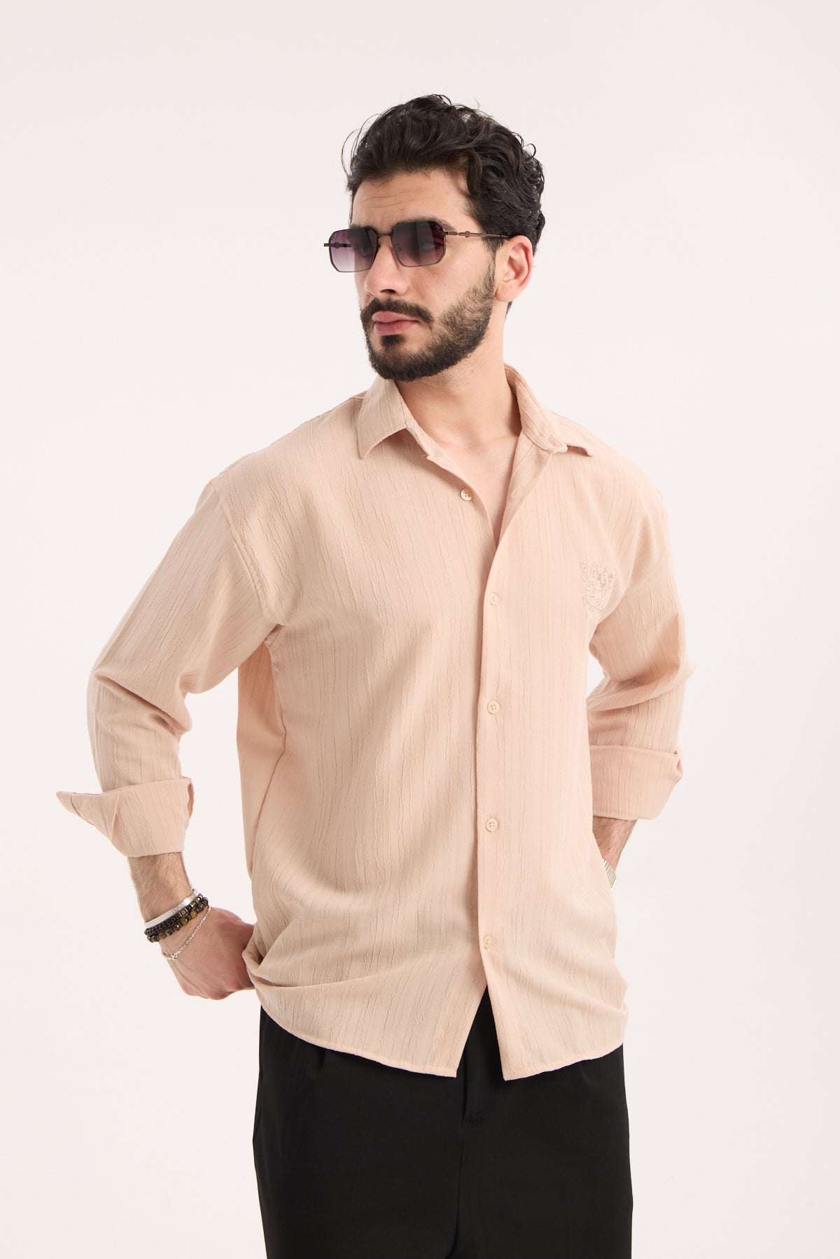 Long Sleeve Textured Shirt with Embroidery – X-0015