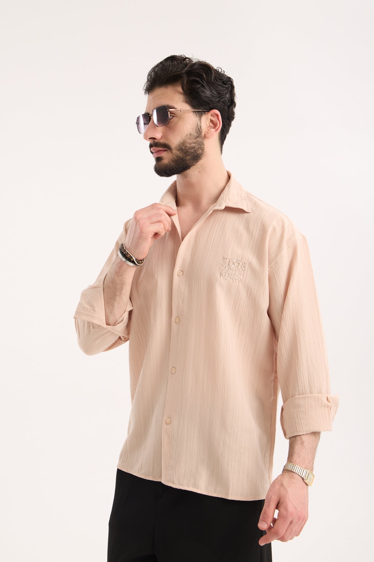 Long Sleeve Textured Shirt with Embroidery – X-0015