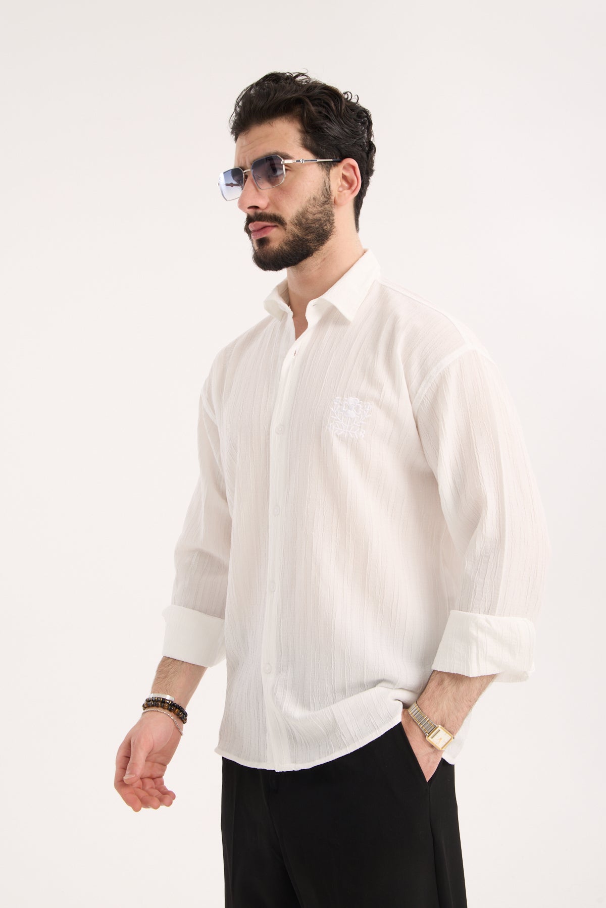 Long Sleeve Textured Shirt with Embroidery – X-0015