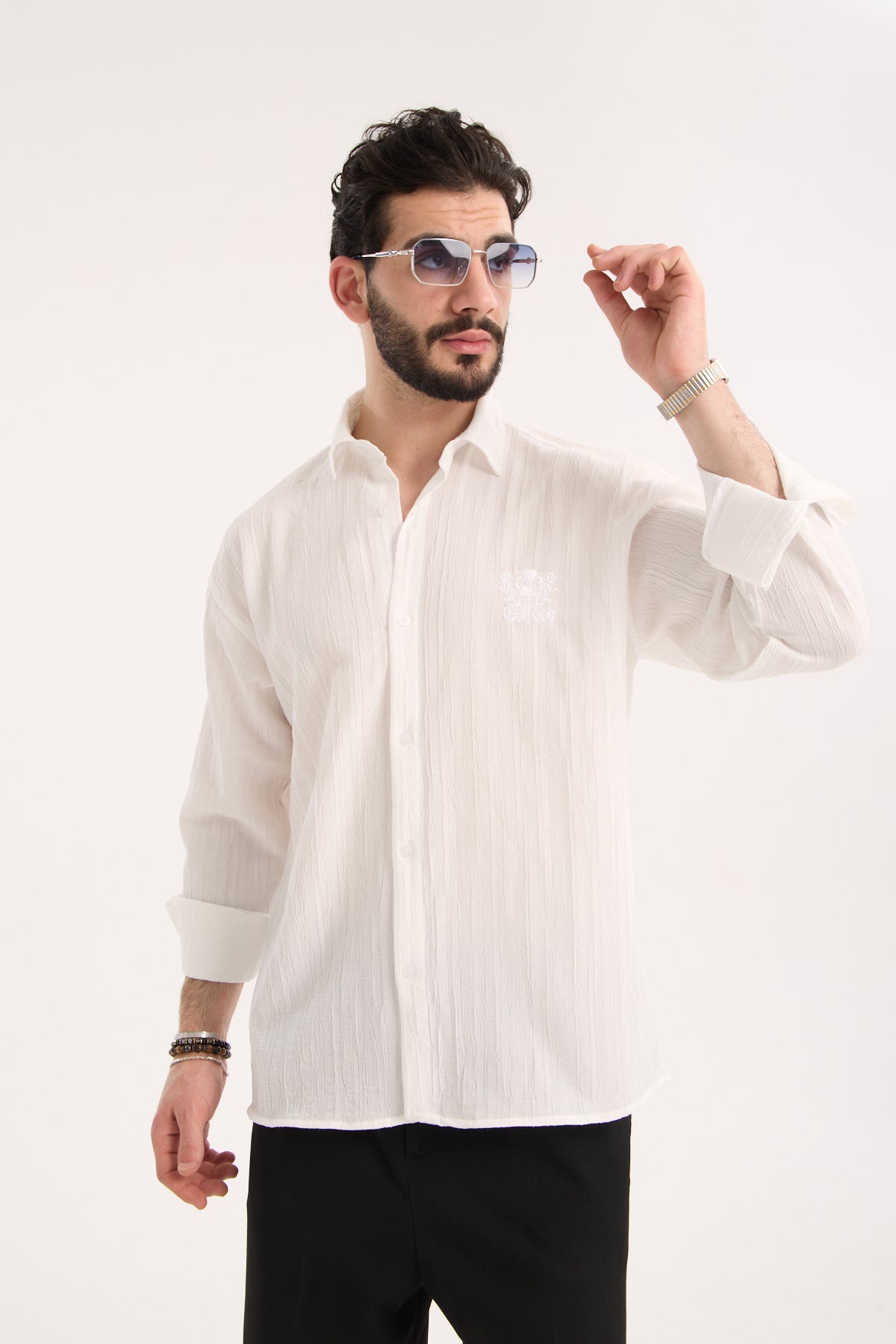 Long Sleeve Textured Shirt with Embroidery – X-0015