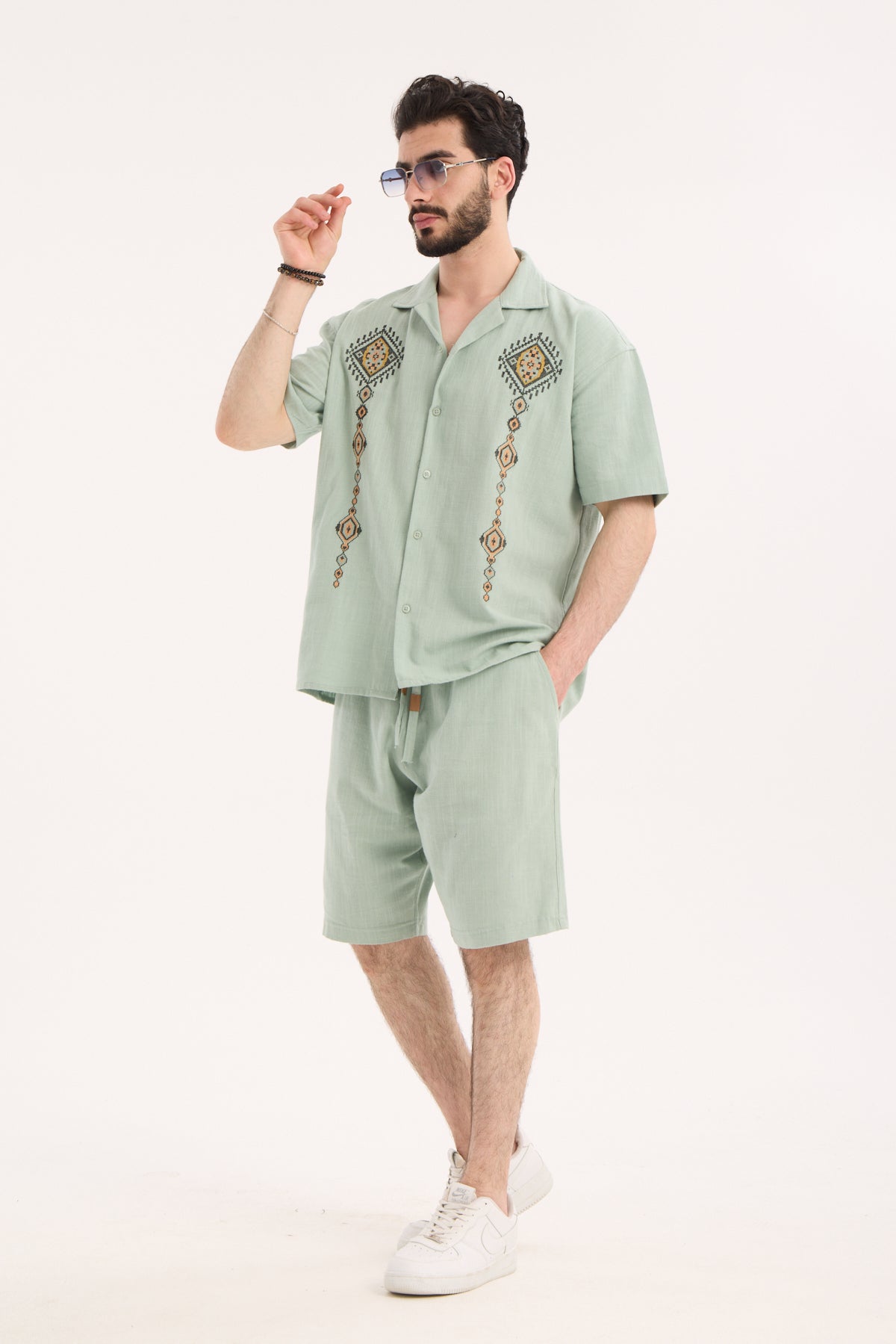 Men’s Linen Shirt & Shorts Set with Embroidery – R-4441