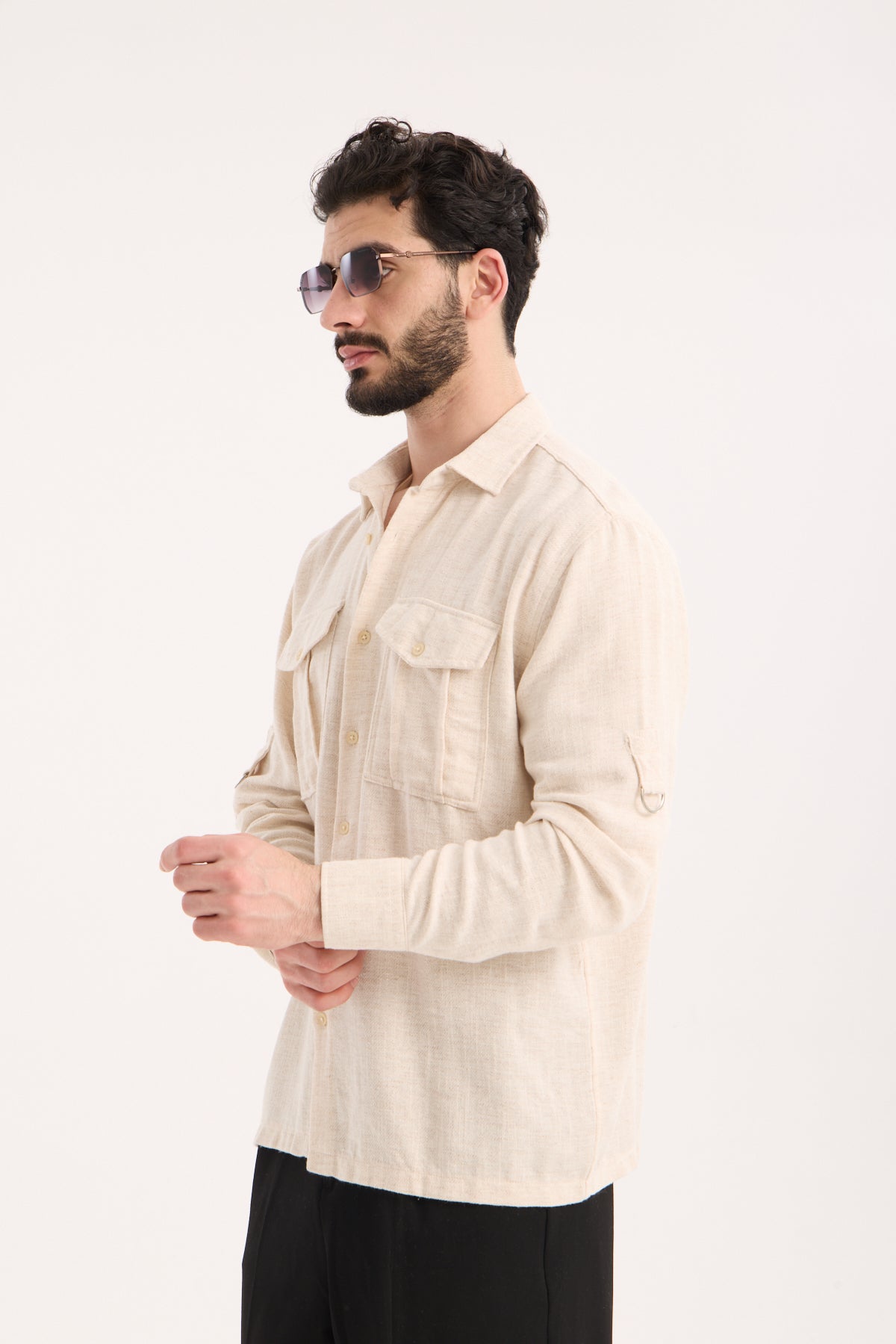Men’s Long Sleeve Band Collar Shirt with Double Pockets – R-6056