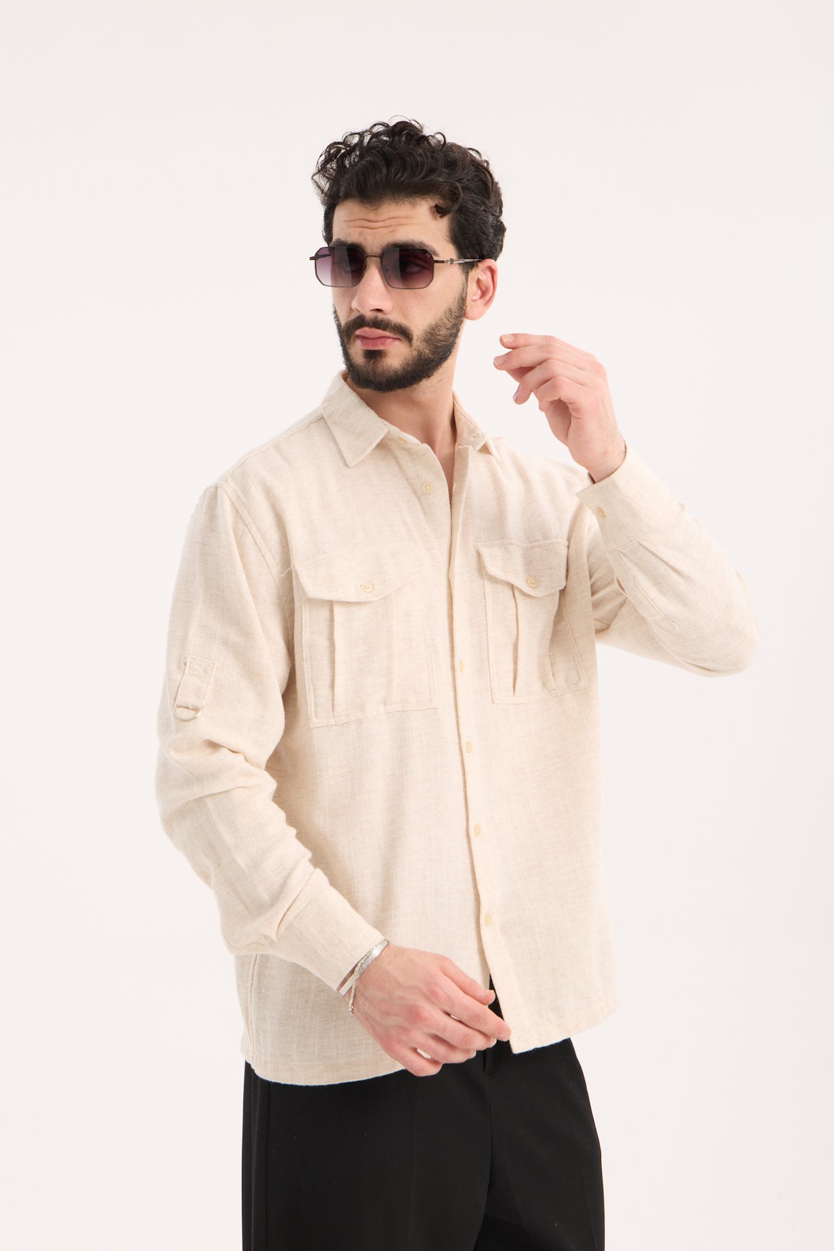 Men’s Long Sleeve Band Collar Shirt with Double Pockets – R-6056