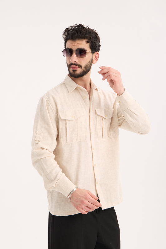 Men’s Long Sleeve Band Collar Shirt with Double Pockets – R-6056