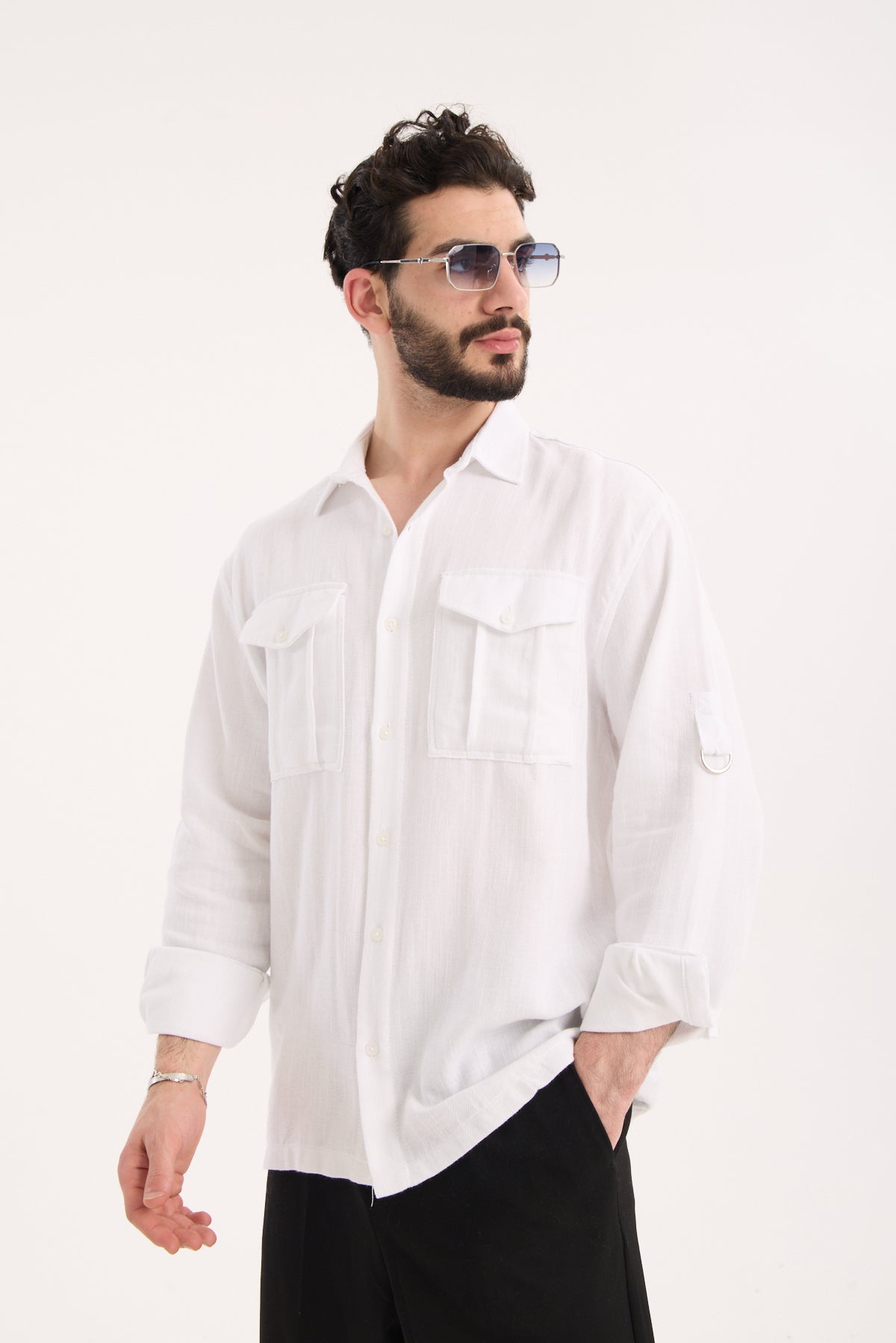 Men’s Long Sleeve Band Collar Shirt with Double Pockets – R-6056