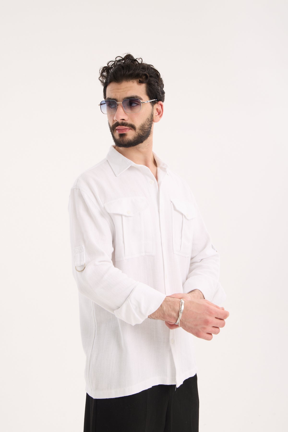Men’s Long Sleeve Band Collar Shirt with Double Pockets – R-6056