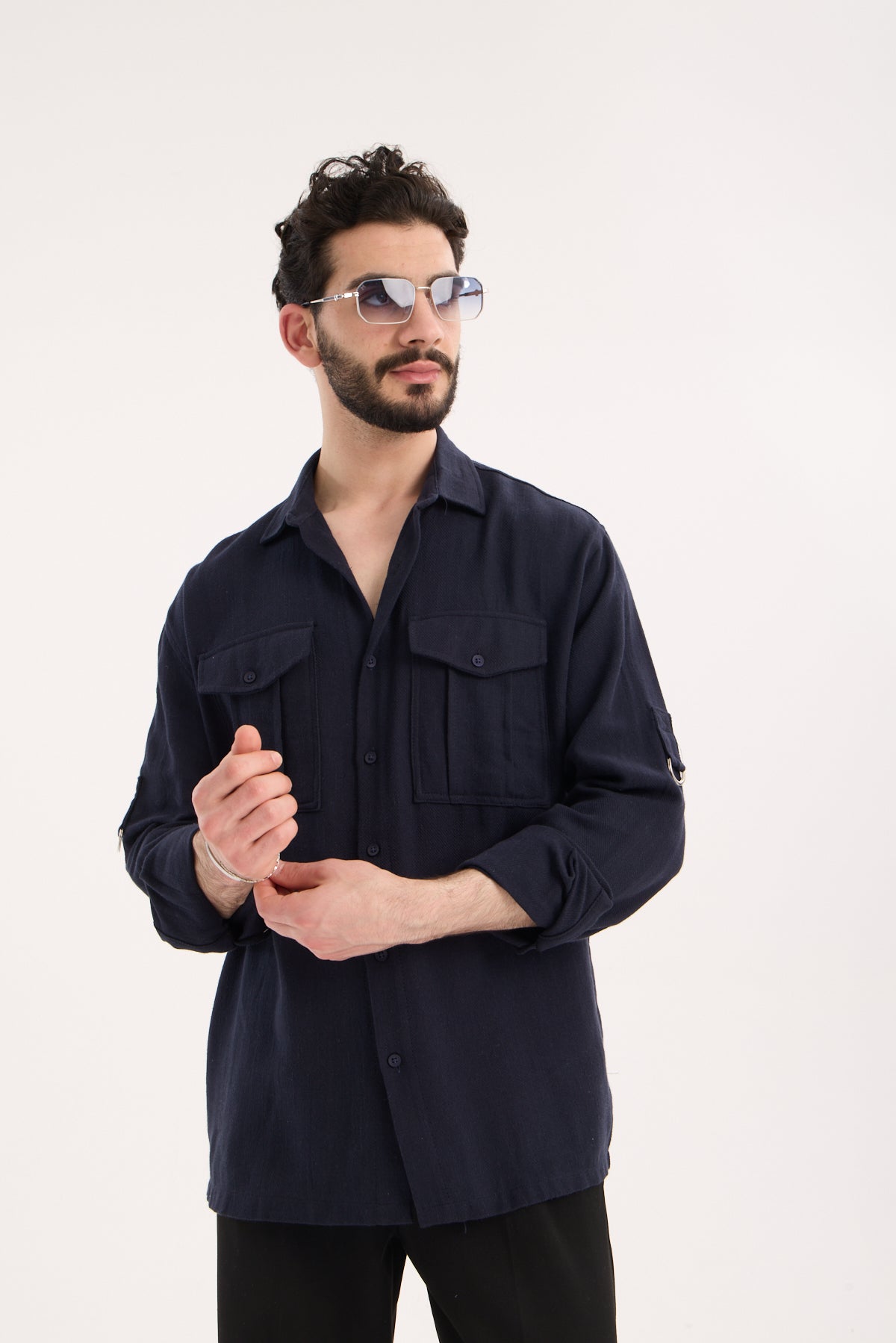 Men’s Long Sleeve Band Collar Shirt with Double Pockets – R-6056