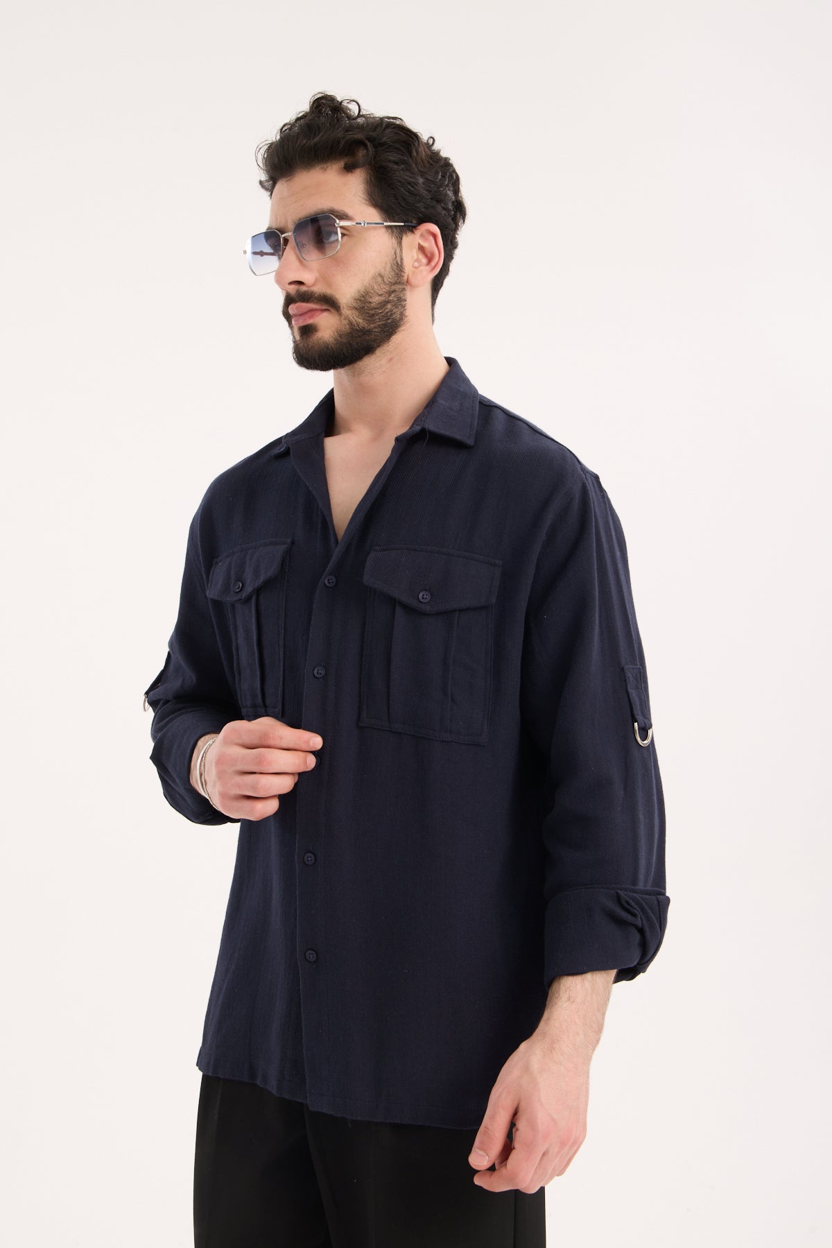 Men’s Long Sleeve Band Collar Shirt with Double Pockets – R-6056