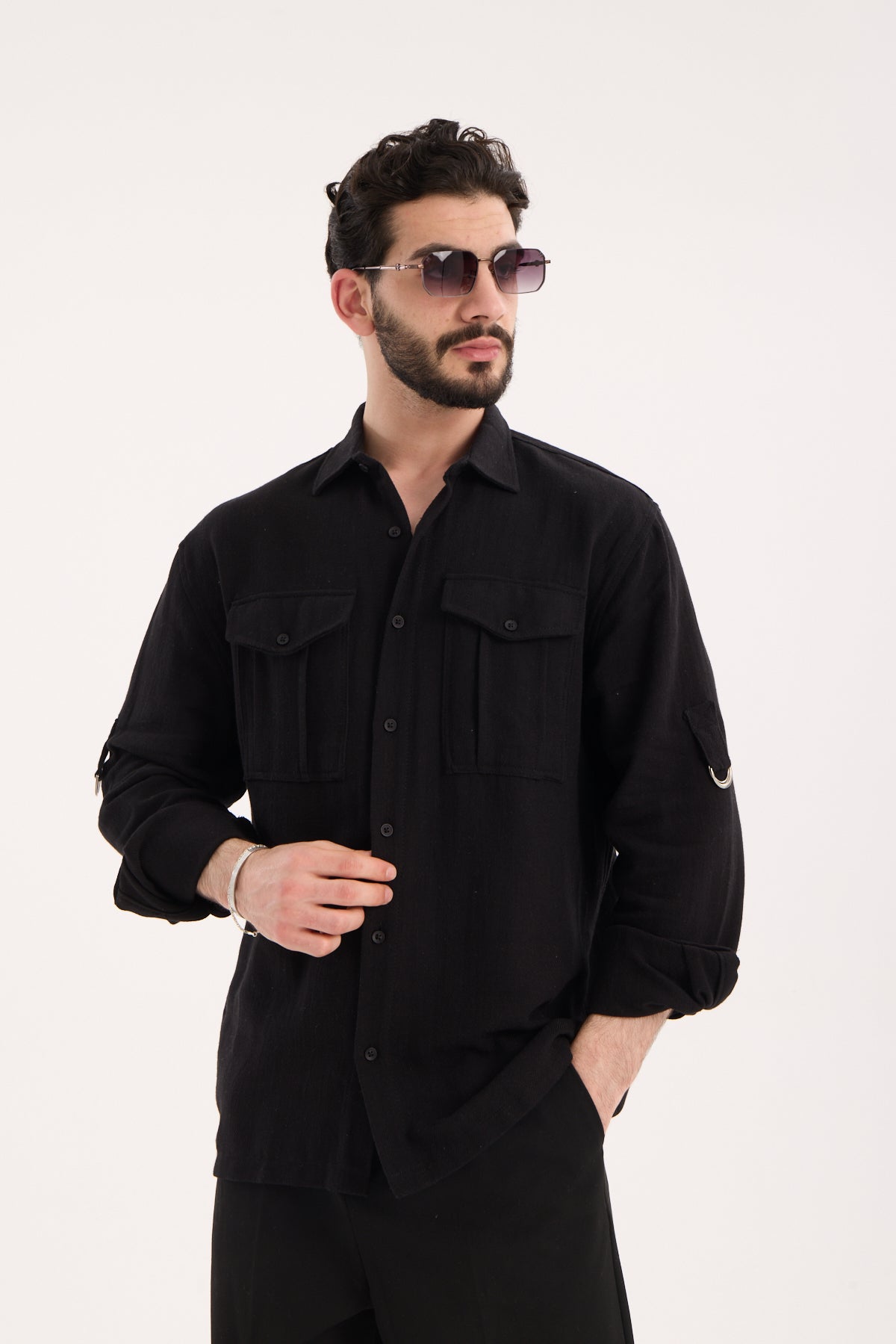 Men’s Long Sleeve Band Collar Shirt with Double Pockets – R-6056