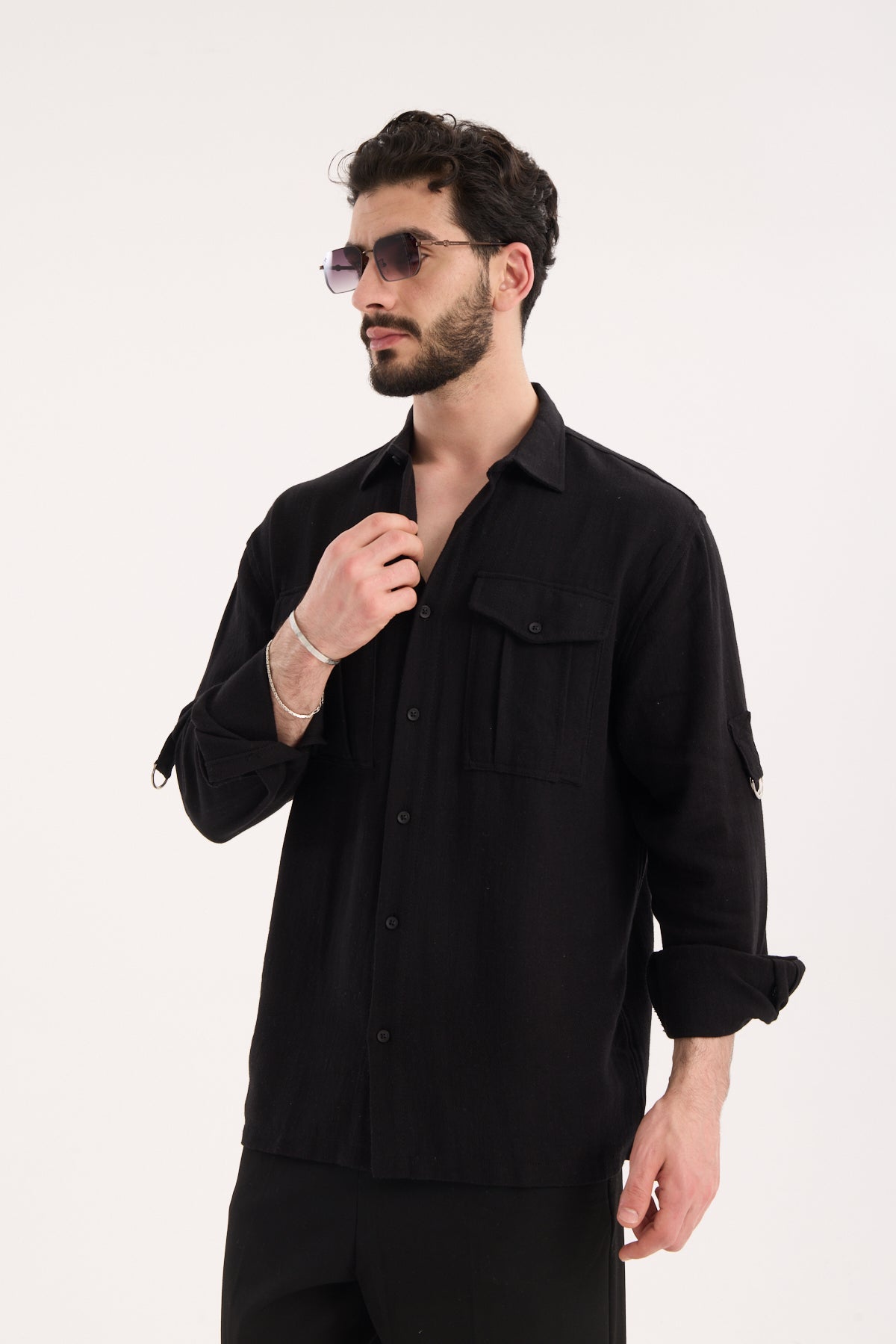 Men’s Long Sleeve Band Collar Shirt with Double Pockets – R-6056