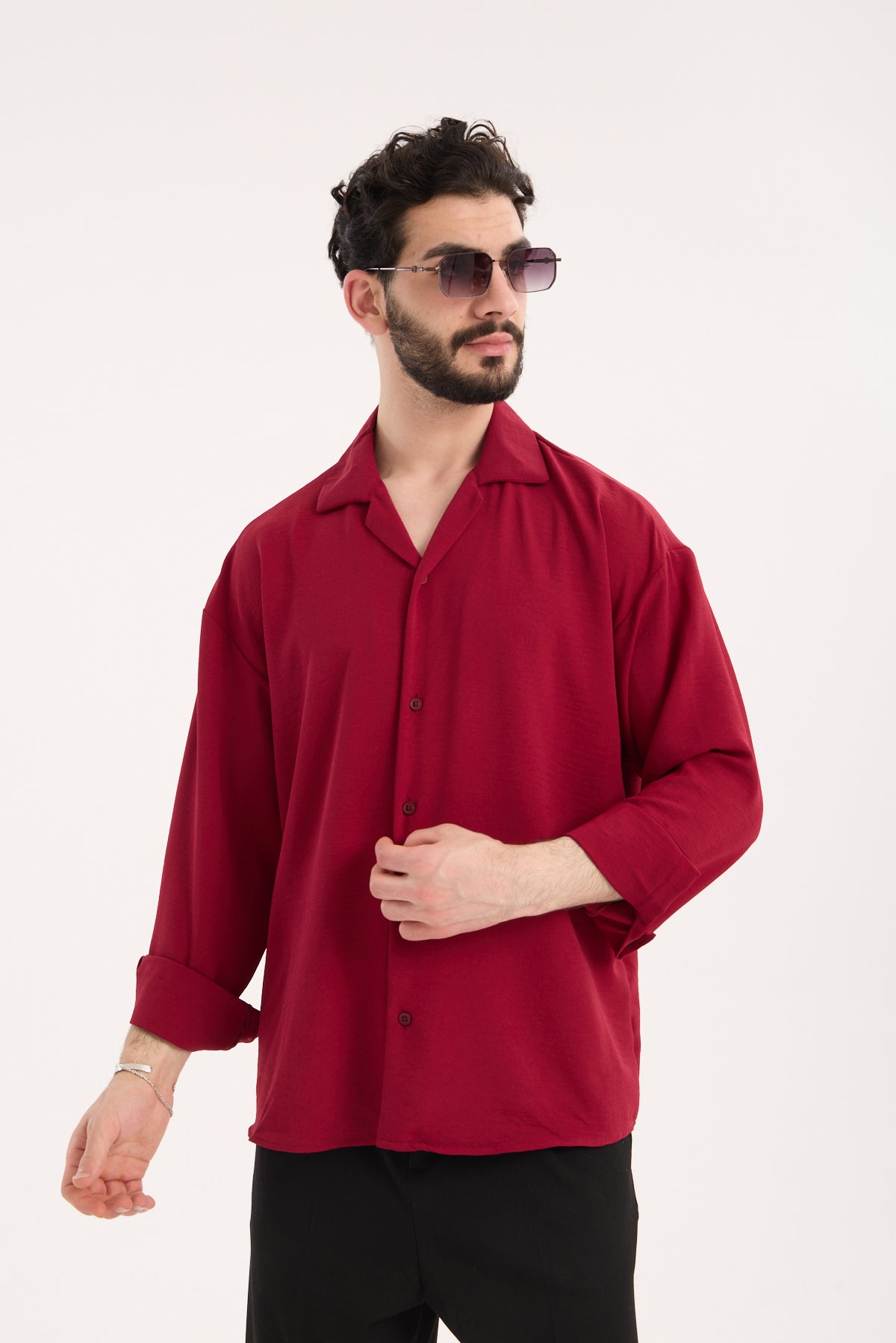 Men’s Oversized Open Collar Aerobin Shirt – Relaxed Fit Lightweight Long Sleeve Shirt R-3575