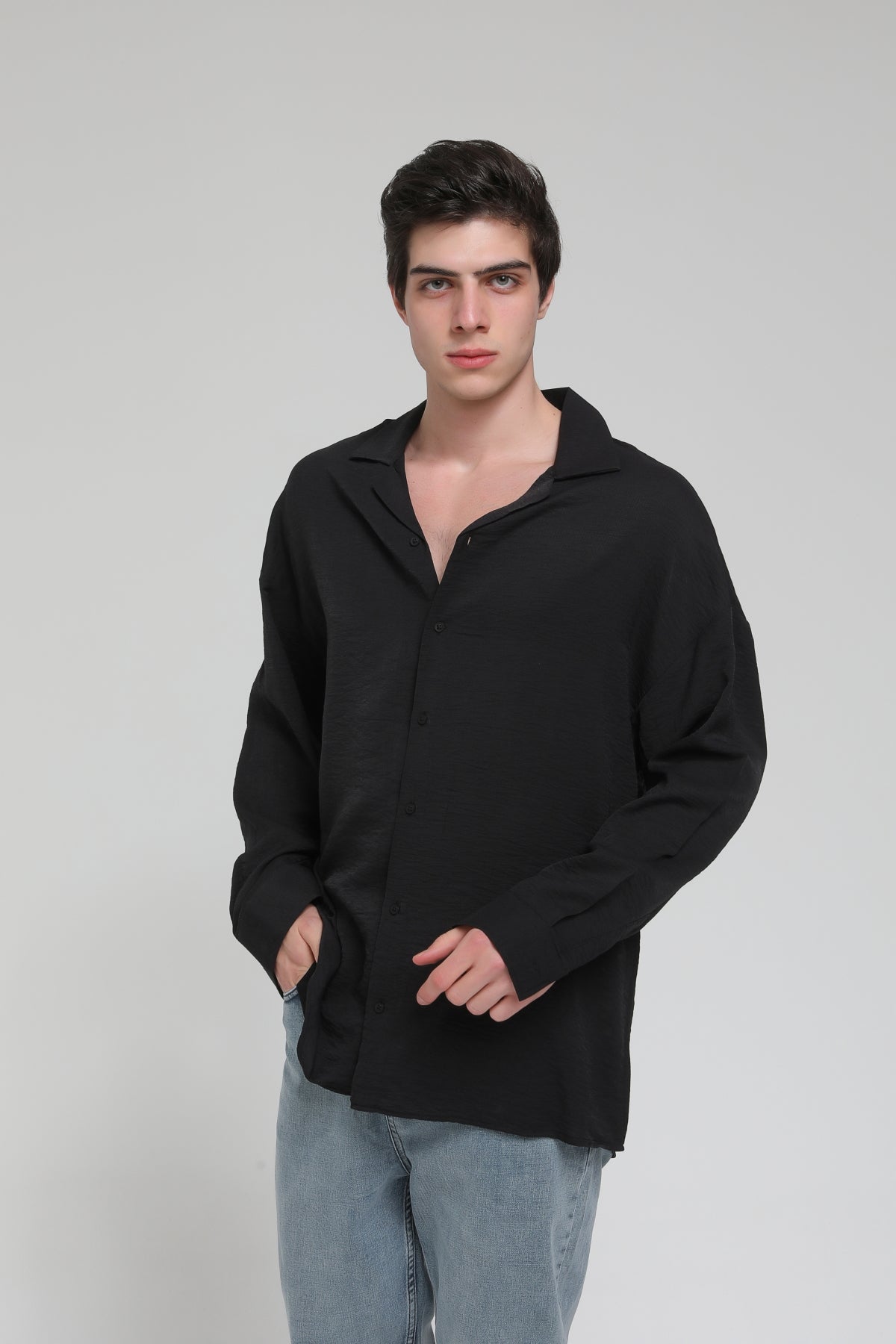 Men’s Oversized Open Collar Aerobin Shirt – Relaxed Fit Lightweight Long Sleeve Shirt R-3575
