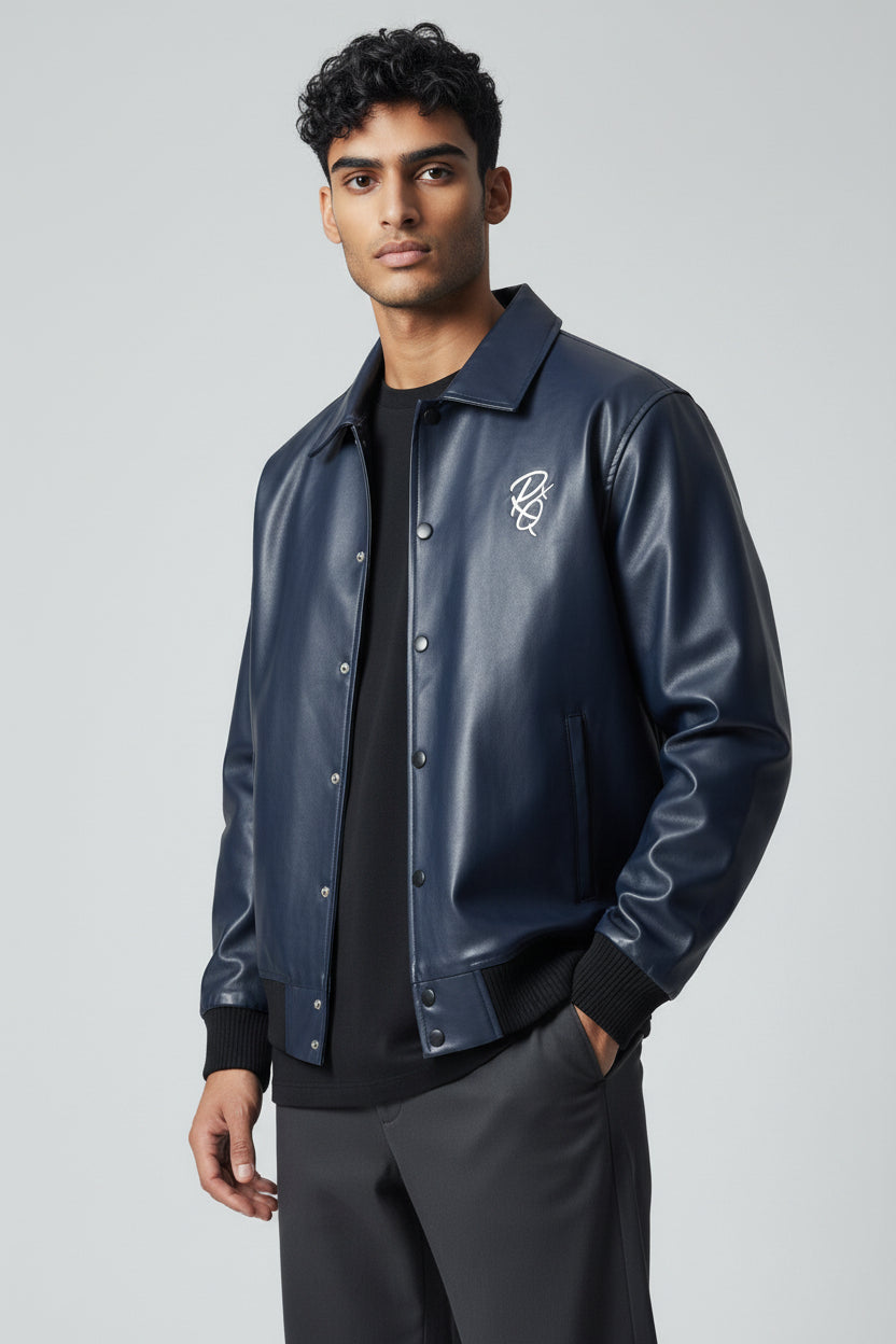 Men’s Vegan Leather Varsity Jacket – Back Embroidered Streetwear Jacket X-2017