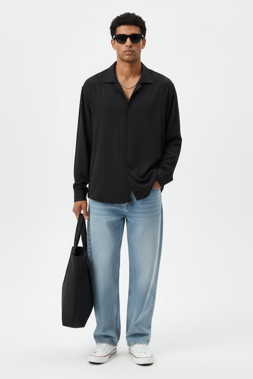 Men’s Oversized Open Collar Aerobin Shirt – Relaxed Fit Lightweight Long Sleeve Shirt R-3575