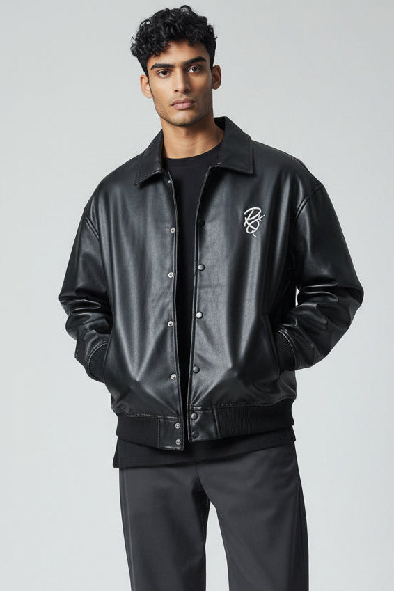 Men’s Vegan Leather Varsity Jacket – Back Embroidered Streetwear Jacket X-2017