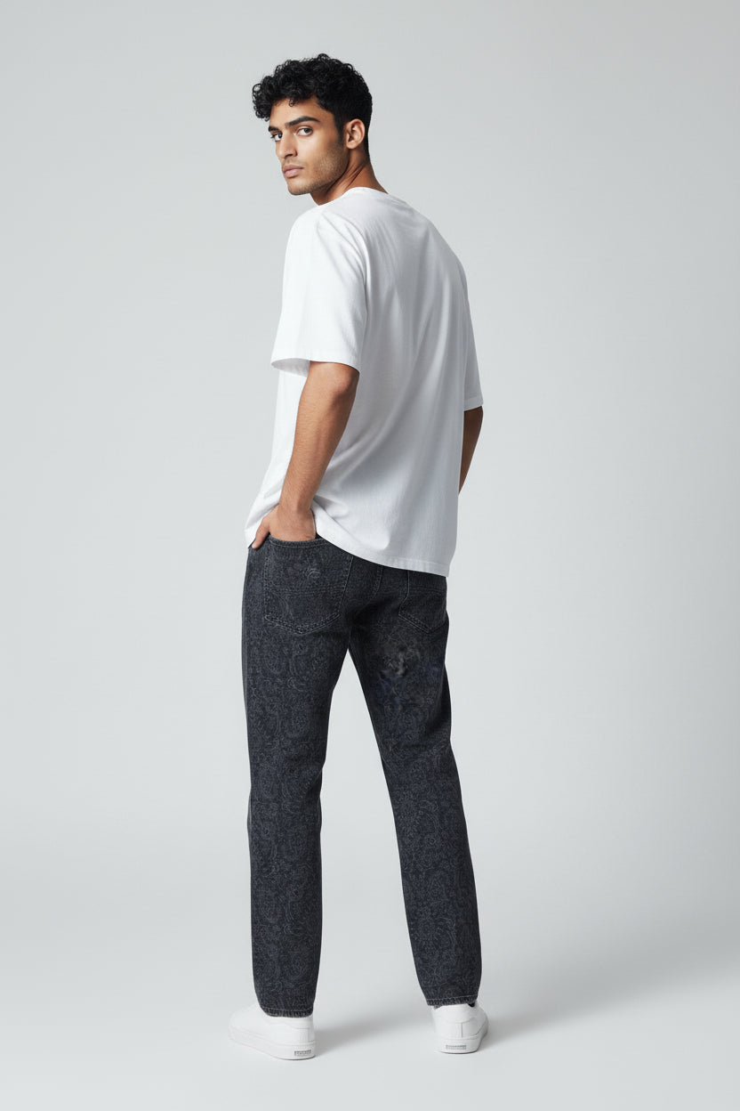 Men's Black Patterned Denim Jeans-T-3168-5
