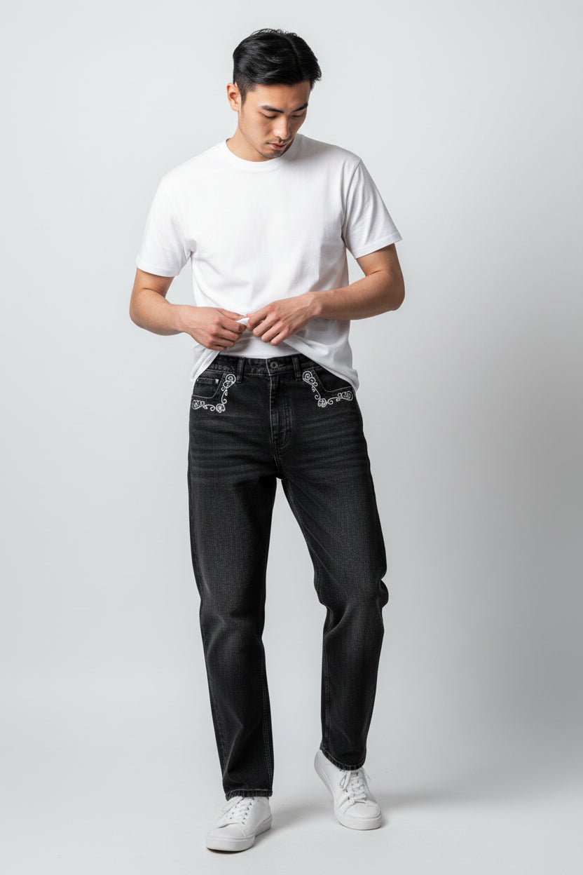 Men’s Black Denim Jeans | Classic Style with Pocket Embroidery-T-3262