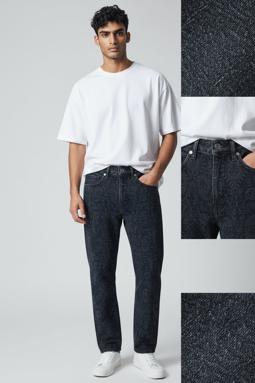 Men's Black Patterned Denim Jeans-T-3168-5