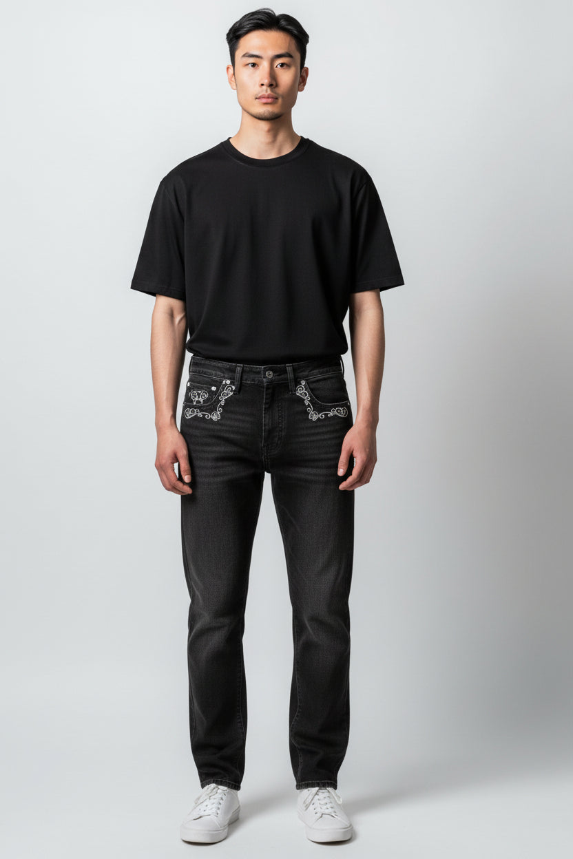 Men’s Black Denim Jeans | Classic Style with Pocket Embroidery-T-3262