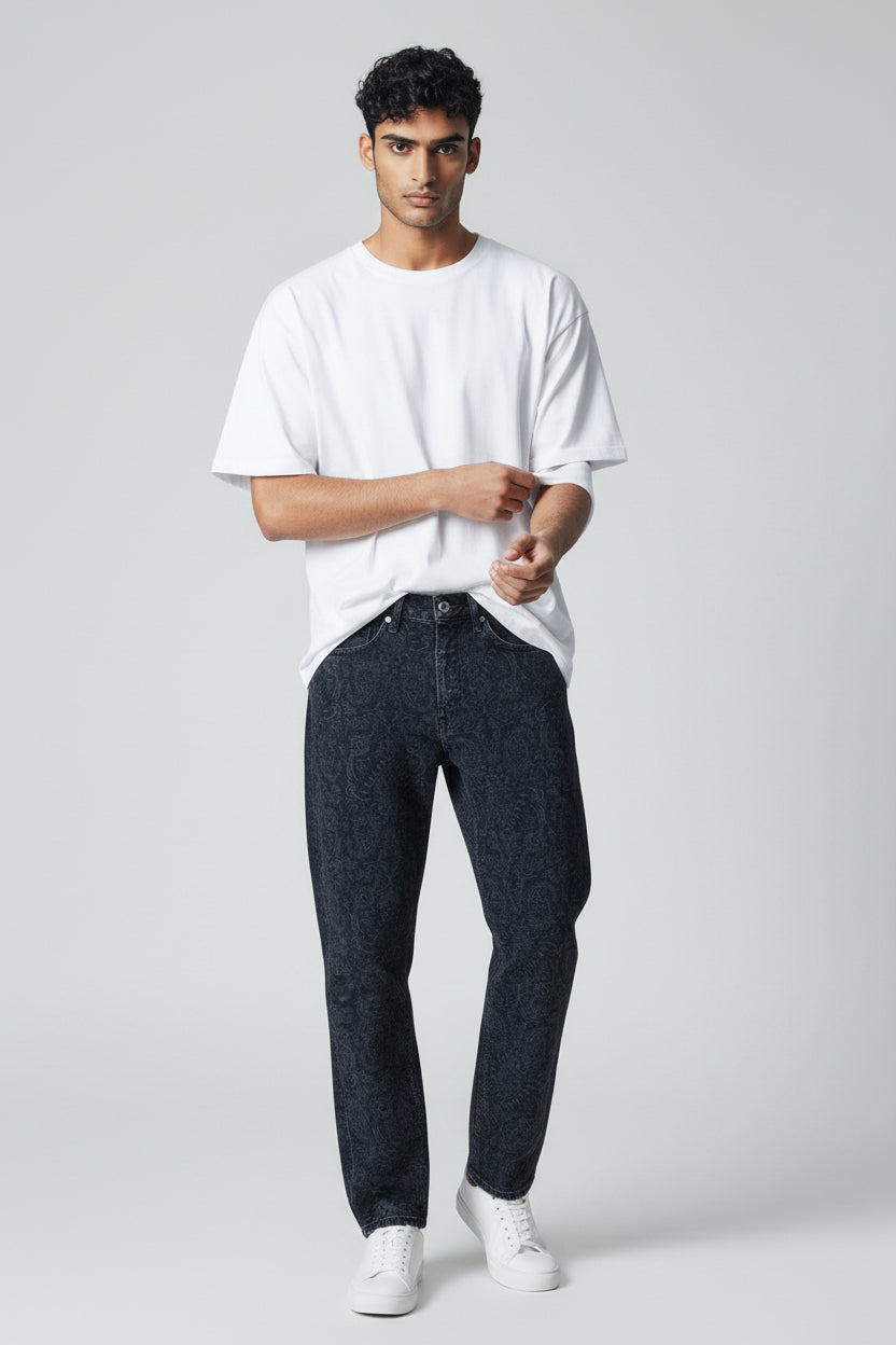 Men's Black Patterned Denim Jeans-T-3168-5