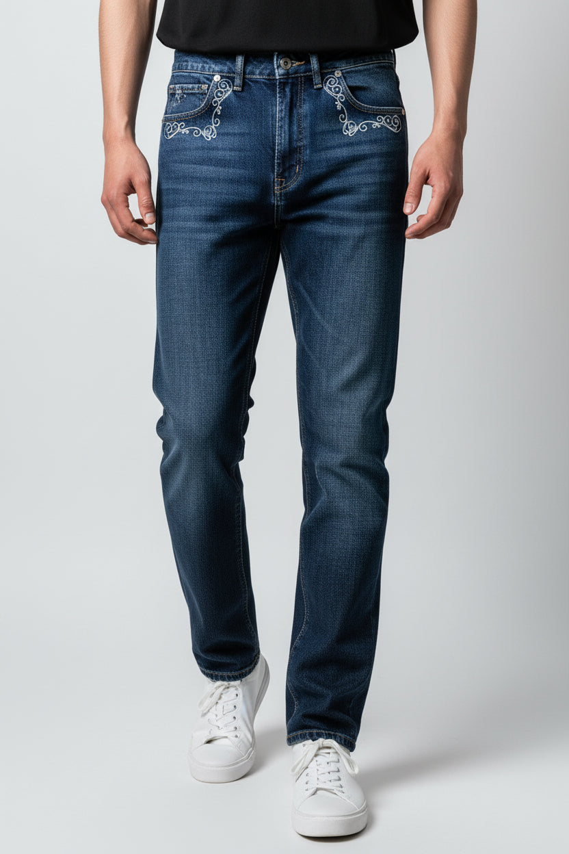 Men’s Blue Denim Jeans | Classic Style with Pocket Embroidery-T-3262