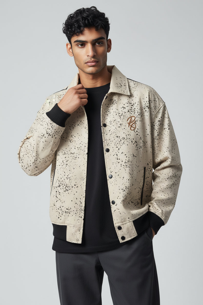 Men’s Vegan Leather Varsity Jacket – Back Embroidered Streetwear Jacket X-2017
