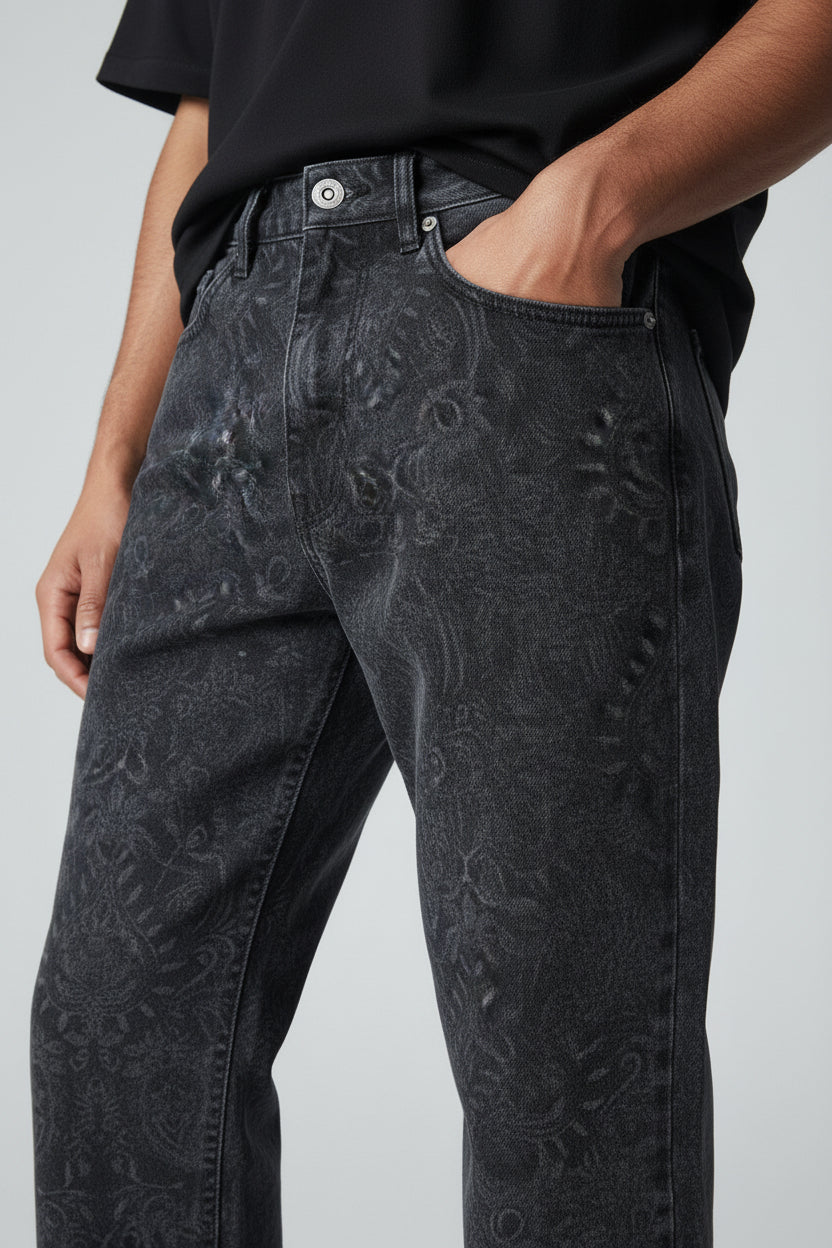Men's Black Patterned Denim Jeans-T-3168-5
