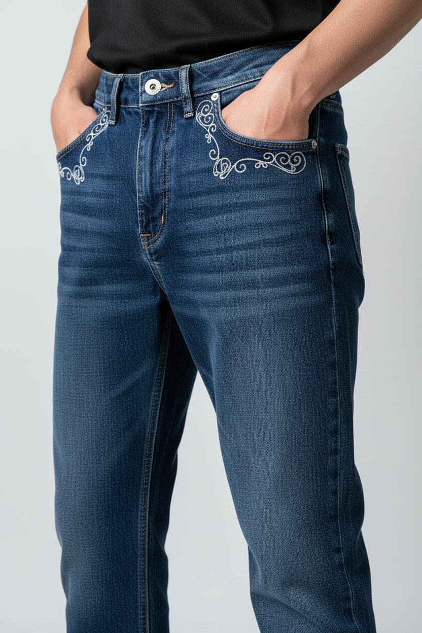 Men’s Blue Denim Jeans | Classic Style with Pocket Embroidery-T-3262